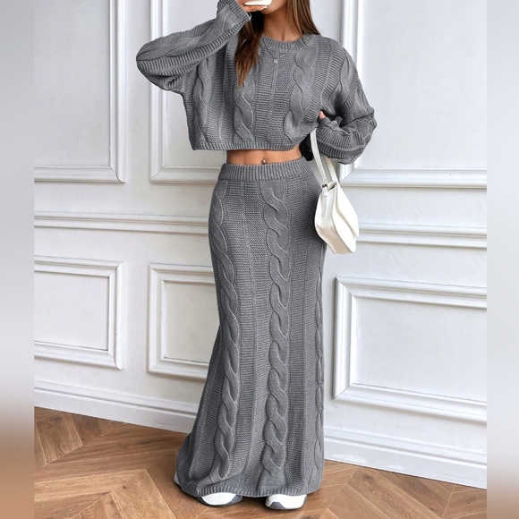 Chunky Cable Knit Crewneck Loose Crop Top Sweater + Long Skirt Co-Ord Set